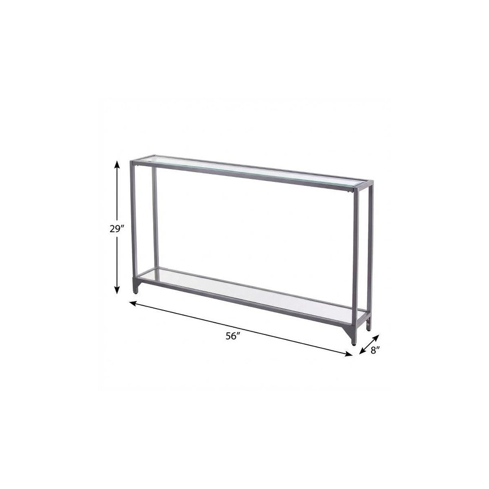 56" Clear and Silver Glass Mirrored Floor Shelf Console Table With Storage. Console table isolated on a plain white background, finished in silver glass.