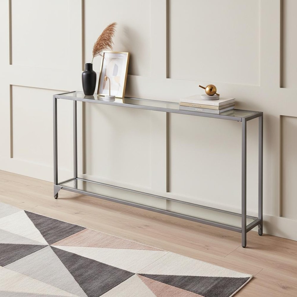 56" Clear and Silver Glass Mirrored Floor Shelf Console Table With Storage. Console table in silver glass.