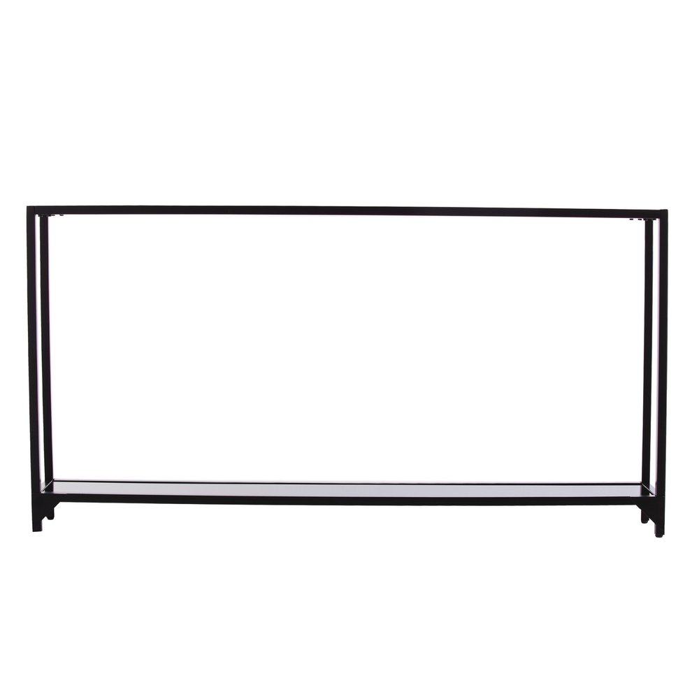 56" Clear and Black Glass Frame Console Table With Shelves. Console table isolated on a plain white background, showing a black glass surface.