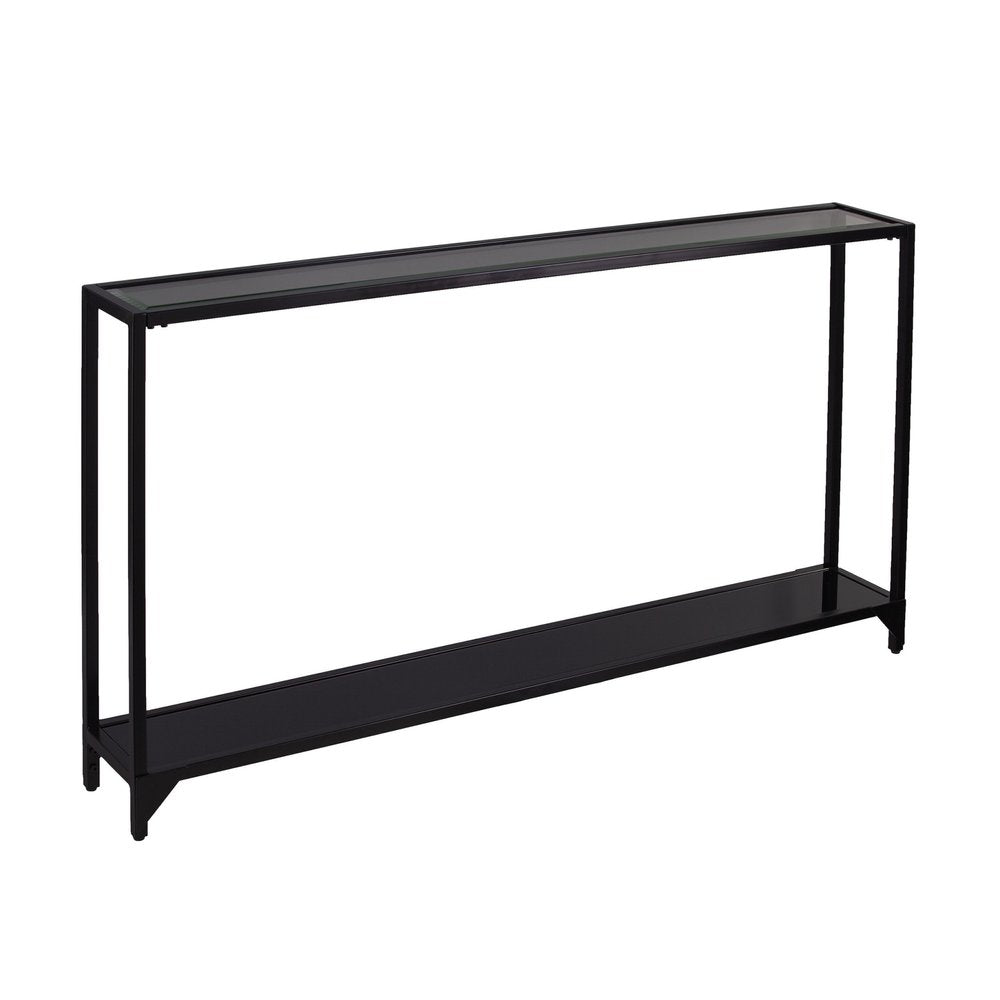 56" Clear and Black Glass Frame Console Table With Shelves. Console table isolated on a plain white background, in a black glass finish.