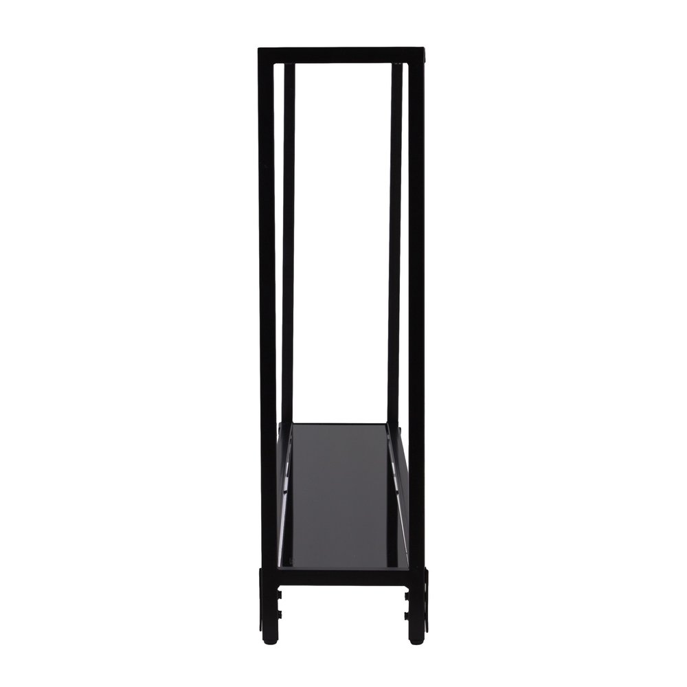 56" Clear and Black Glass Frame Console Table With Shelves. Console table isolated on a plain white background, showing a black glass surface.