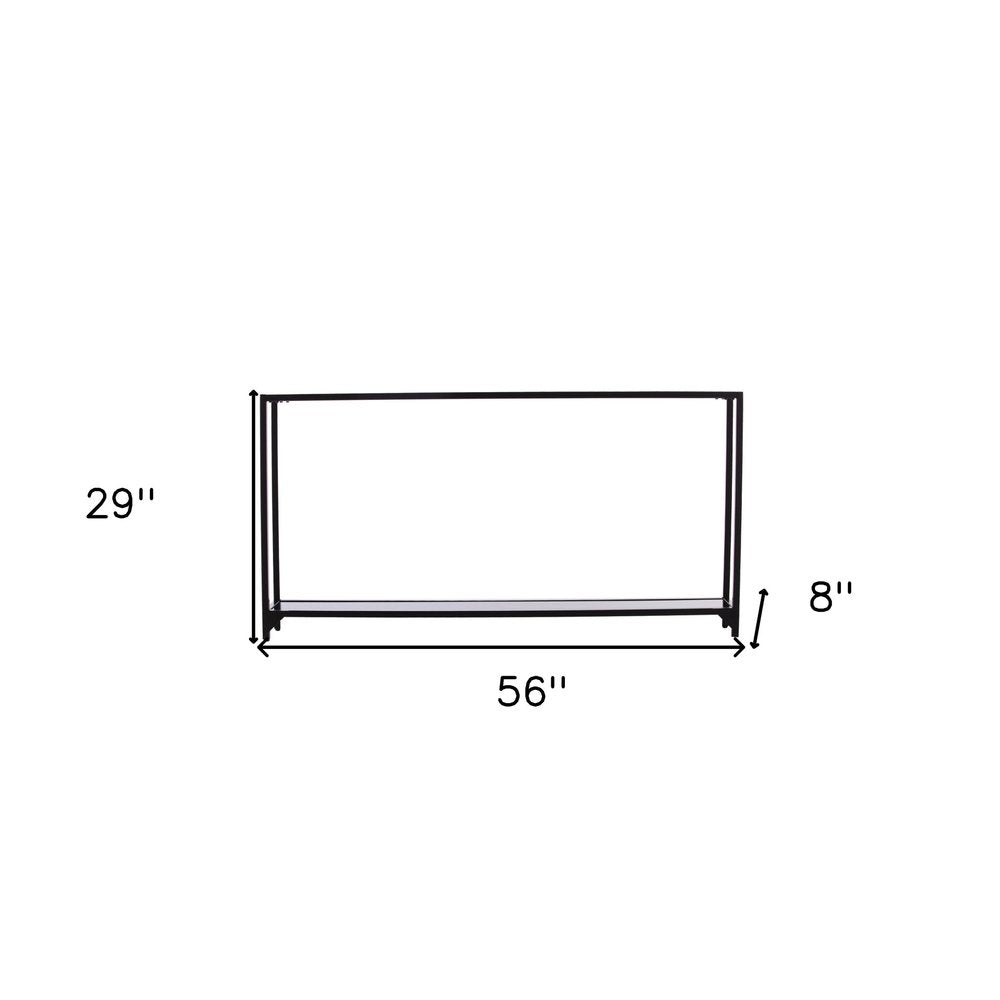 56" Clear and Black Glass Frame Console Table With Shelves. Console table isolated on a plain white background, in a black glass finish.