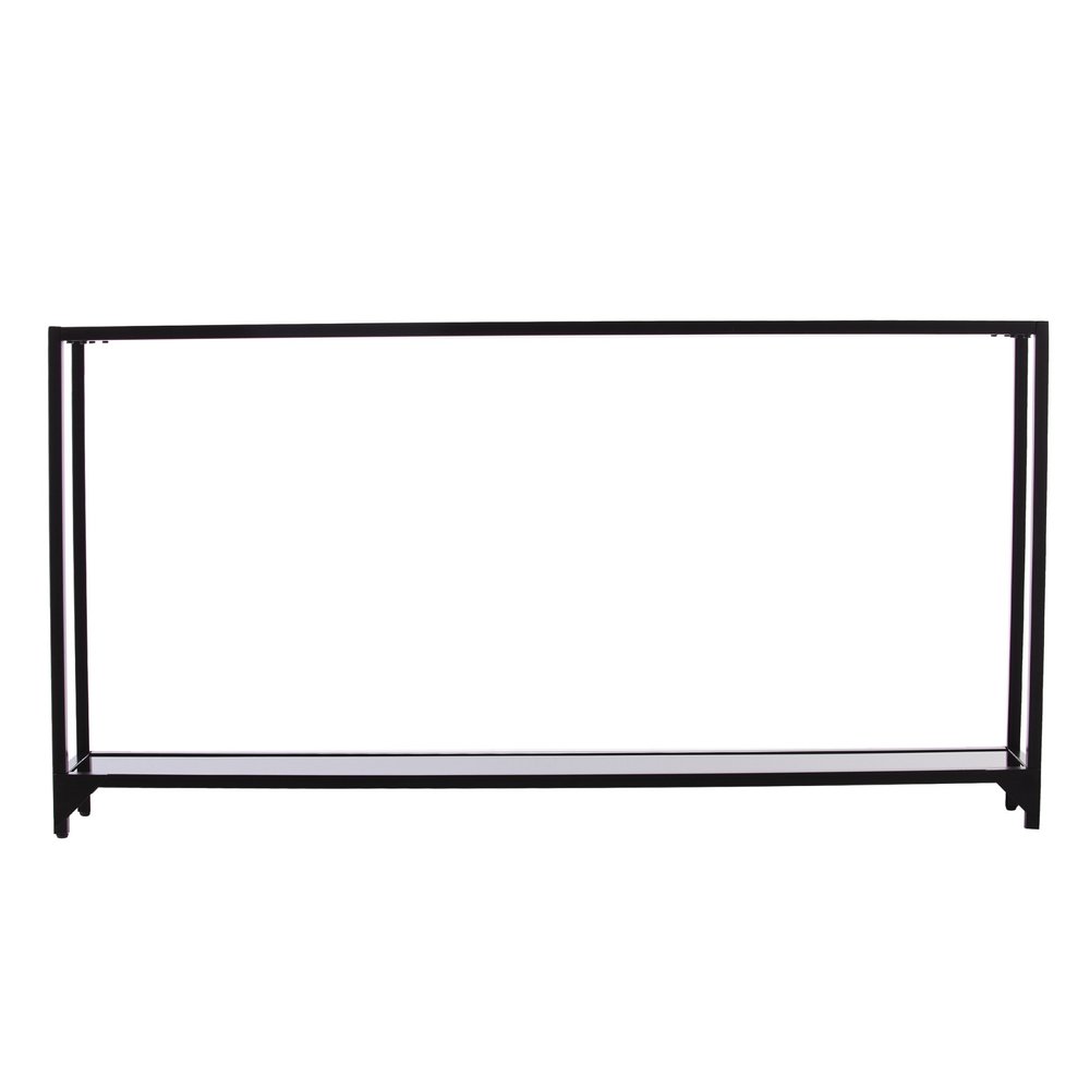 56" Clear and Black Glass Frame Console Table With Shelves. Console table isolated on a plain white background, in a black glass finish.