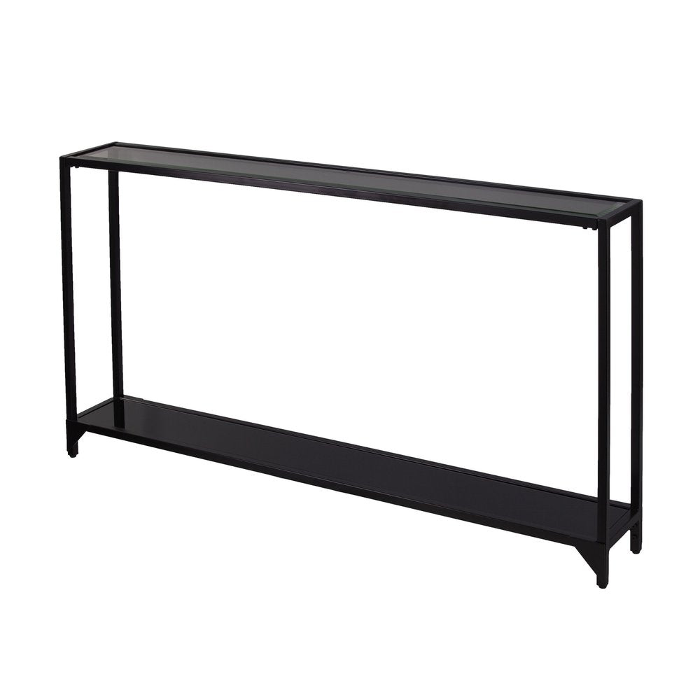 56" Clear and Black Glass Frame Console Table With Shelves. Console table isolated on a plain white background, finished in black glass.