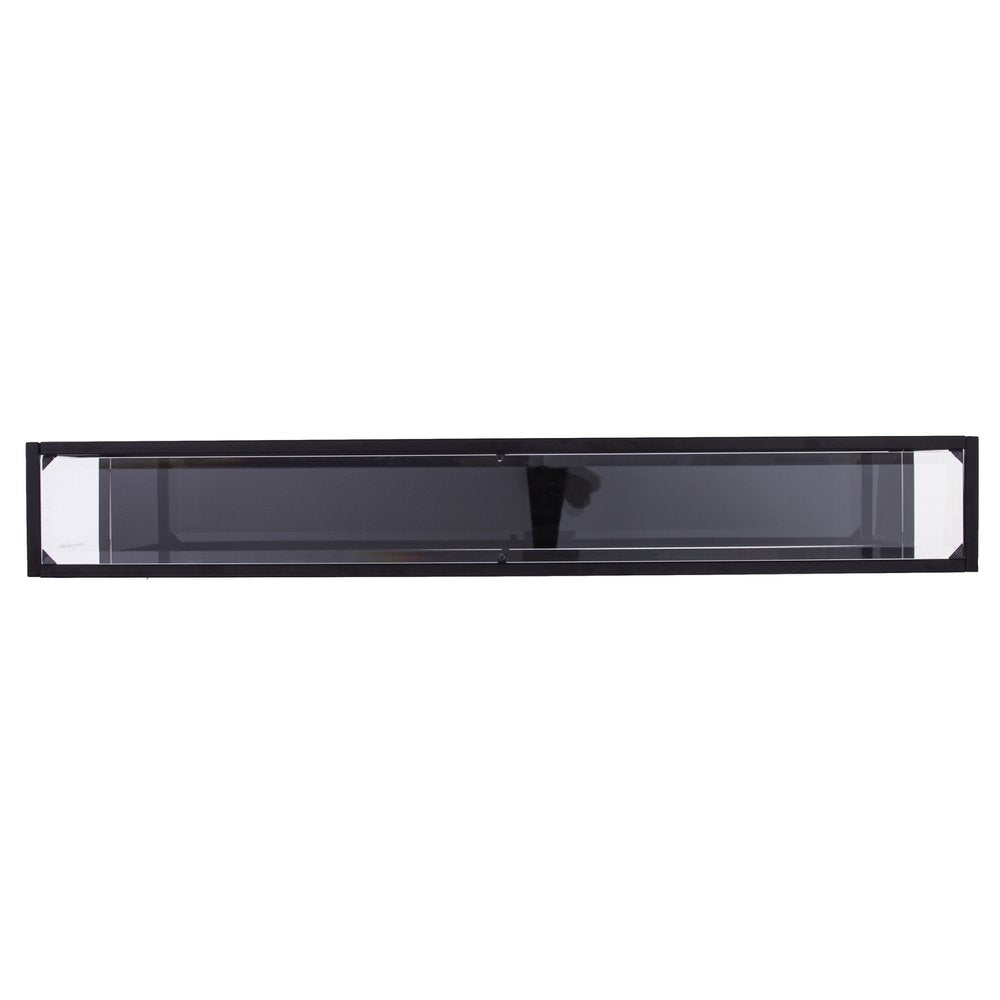 56" Clear and Black Glass Frame Console Table With Shelves. Console table isolated on a plain white background, showing a black glass surface.
