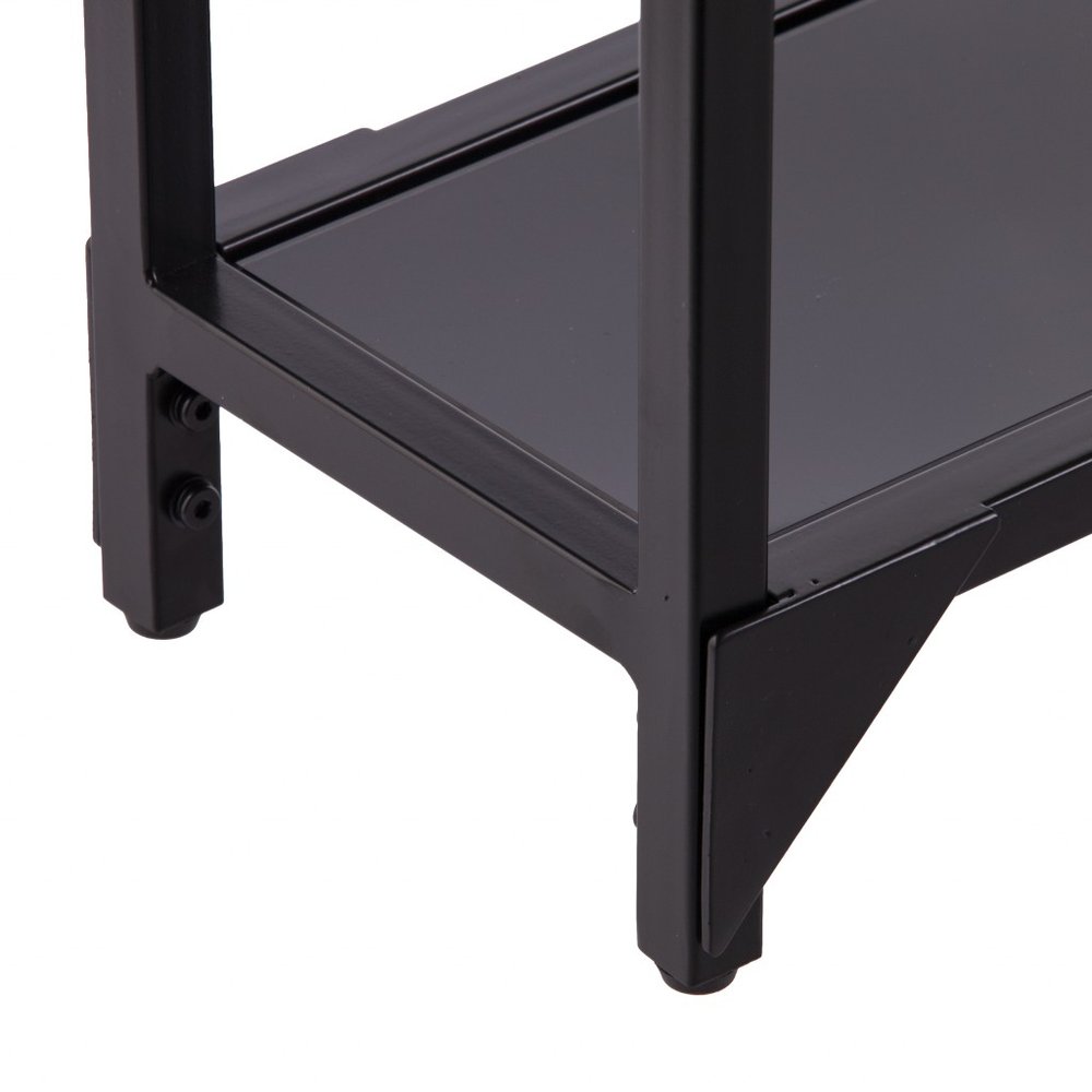 56" Clear and Black Glass Frame Console Table With Shelves. Console table isolated on a plain white background, showing a black glass surface.