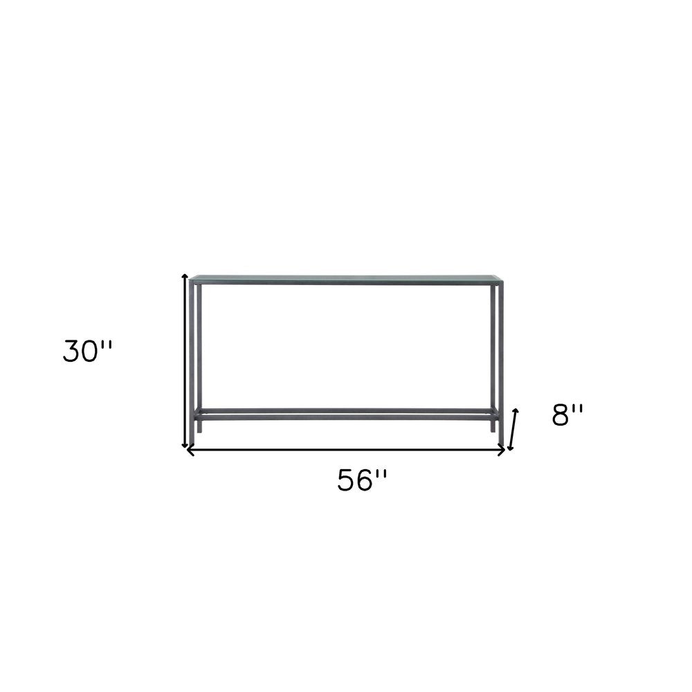 56" Silver and Gunmetal Mirrored Glass and Metal Console Table. Console table isolated on a plain white background, finished in silver glass.