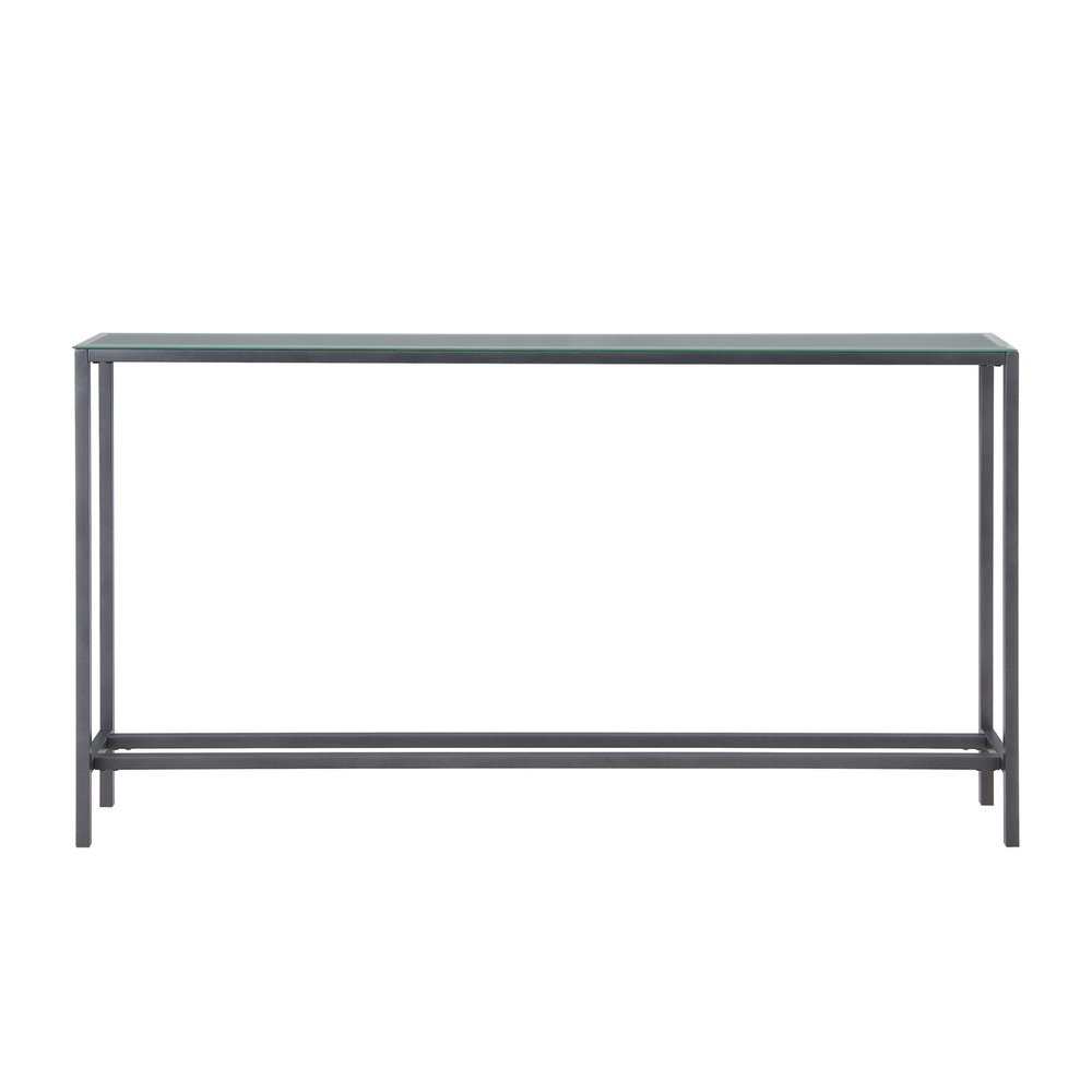 56" Silver and Gunmetal Mirrored Glass and Metal Console Table. Console table isolated on a plain white background, in a silver glass finish.