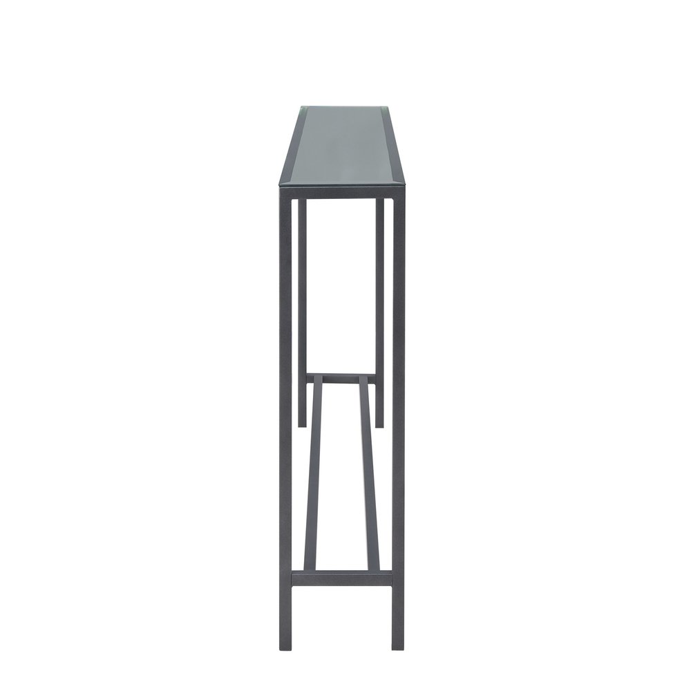 56" Silver and Gunmetal Mirrored Glass and Metal Console Table. Console table isolated on a plain white background, in a silver glass finish.