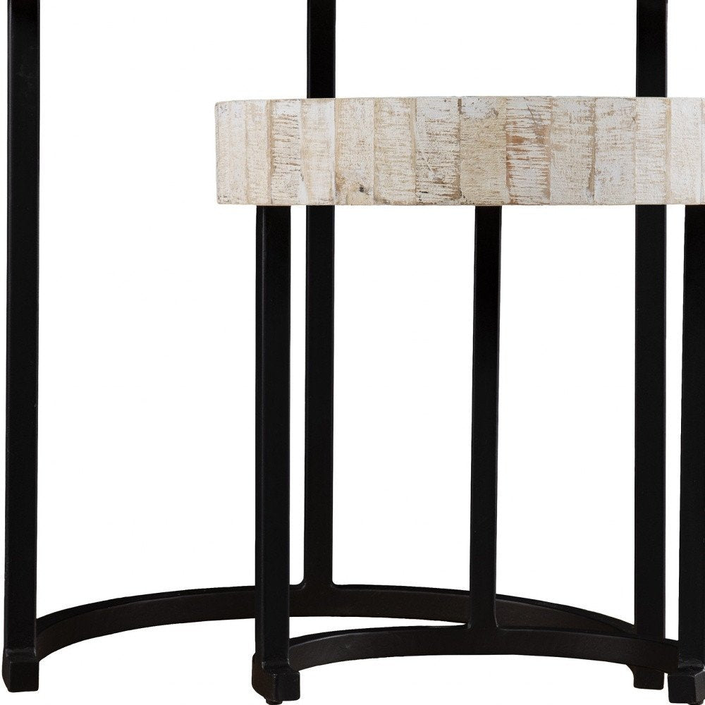 Set Of Two 21" White Solid Wood And Iron Round Nested Tables on a white background