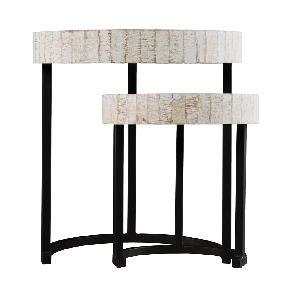 Set Of Two 21" White Solid Wood And Iron Round Nested Tables on a white background