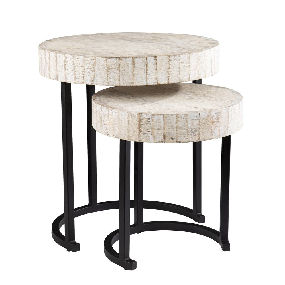Set Of Two 21" White Solid Wood And Iron Round Nested Tables on a white background