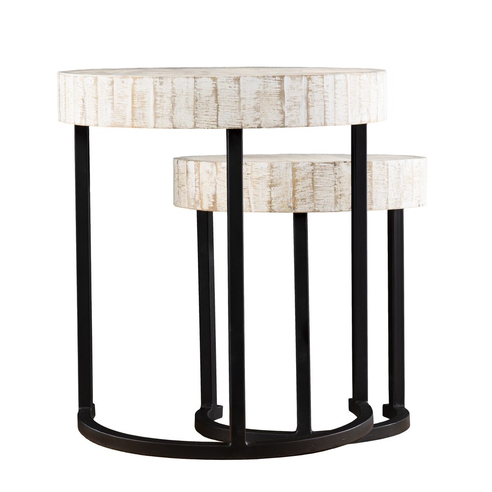 Set Of Two 21" White Solid Wood And Iron Round Nested Tables on a white background