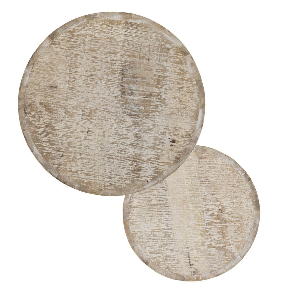 Set Of Two 21" White Solid Wood And Iron Round Nested Tables on a white background