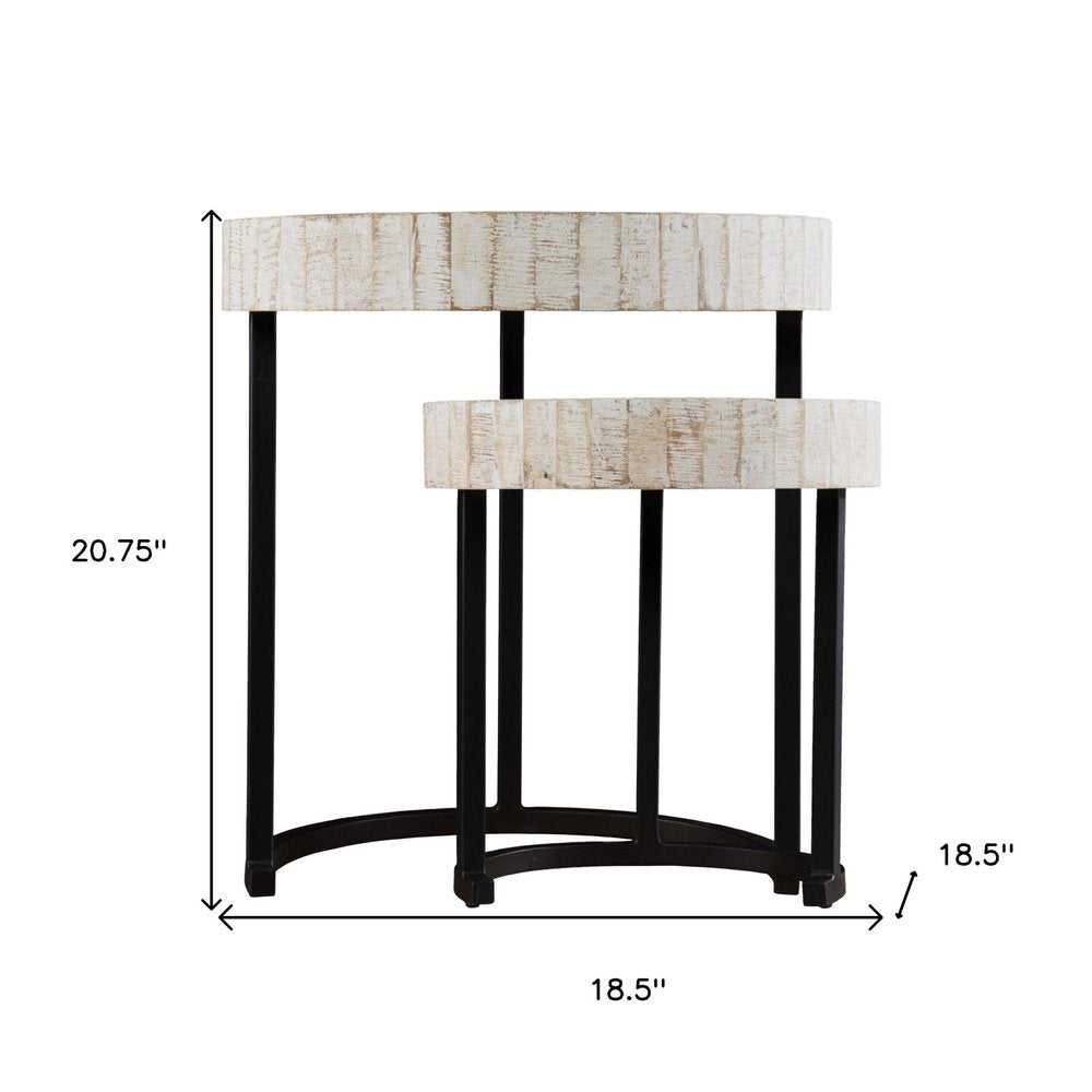 Set Of Two 21" White Solid Wood And Iron Round Nested Tables on a white background
