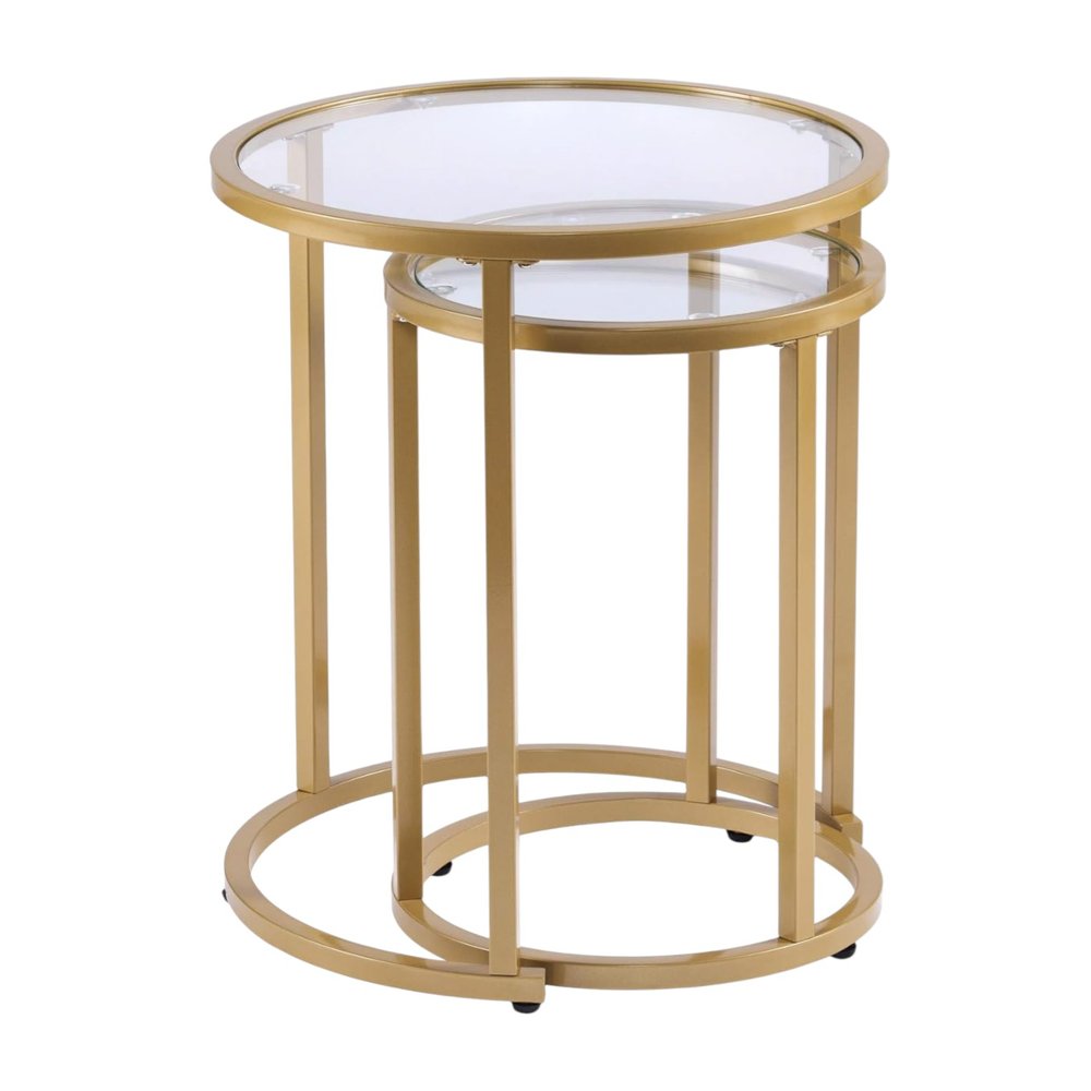 Set Of Two 23" Gold Glass And Steel Round Nested Tables on a white background