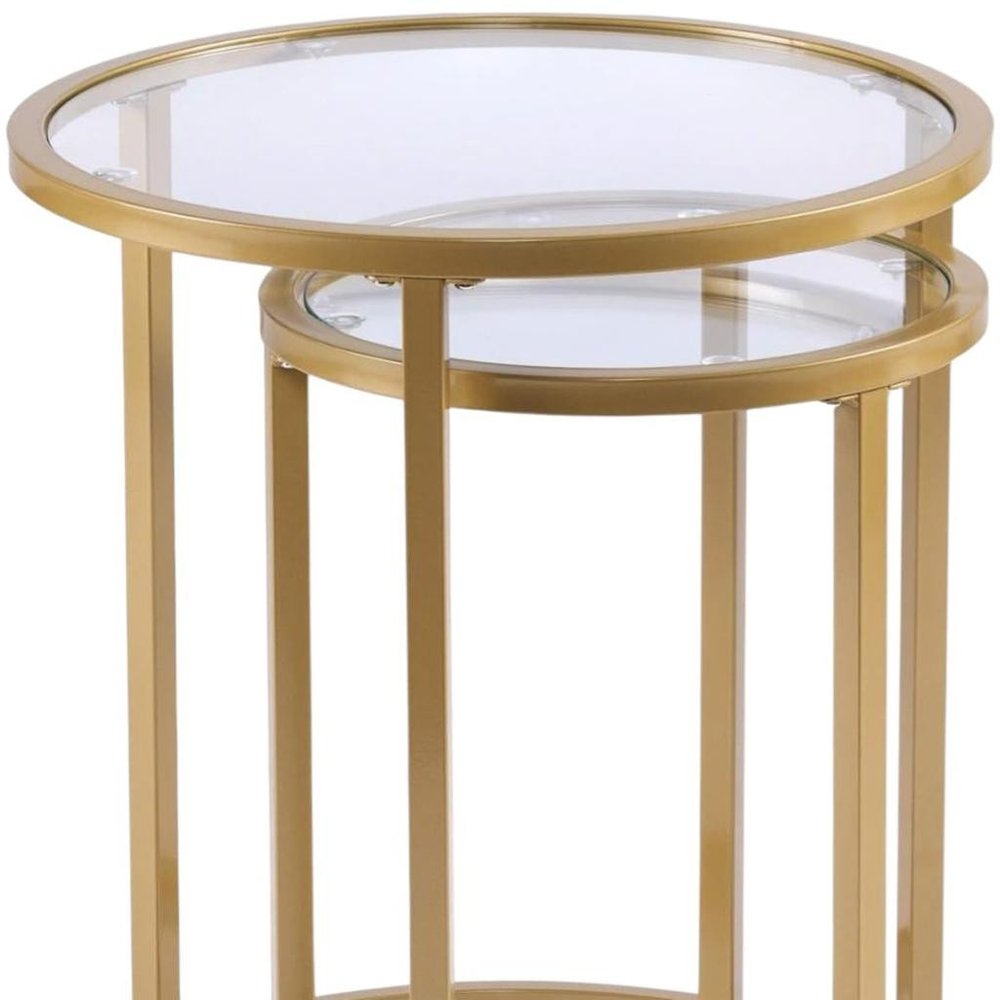 Set Of Two 23" Gold Glass And Steel Round Nested Tables on a white background