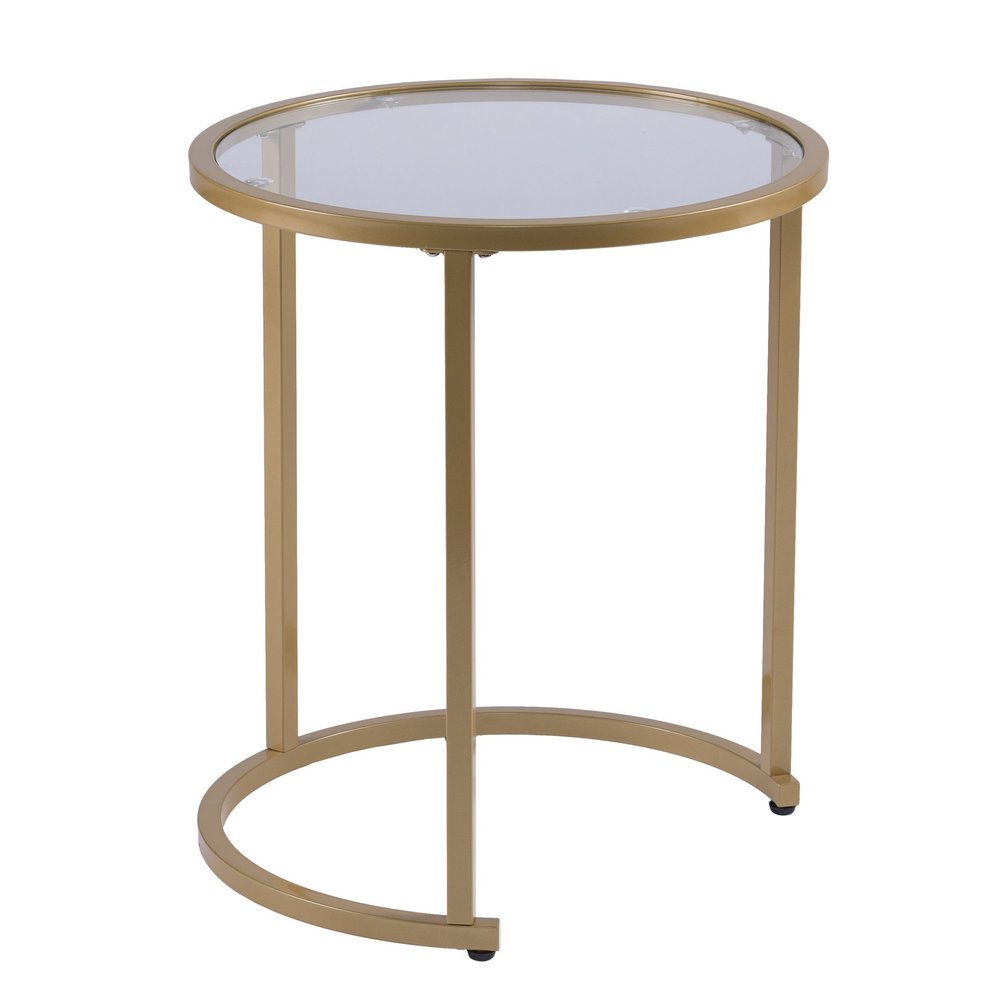 Set Of Two 23" Gold Glass And Steel Round Nested Tables on a white background