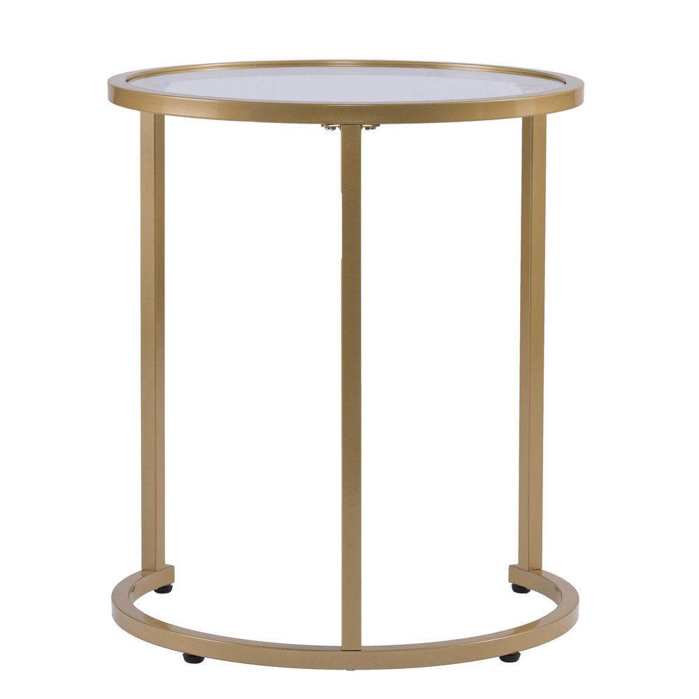 Set Of Two 23" Gold Glass And Steel Round Nested Tables on a white background