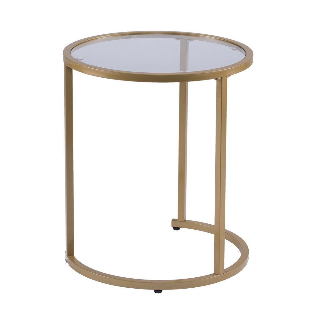 Set Of Two 23" Gold Glass And Steel Round Nested Tables on a white background