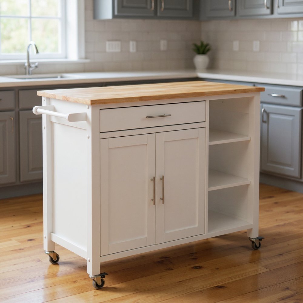 42" Natural and White Butcher Block and Iron Rolling Kitchen Cart With Storage styled in a furnished interior with a dark wall on a dark wood floor.