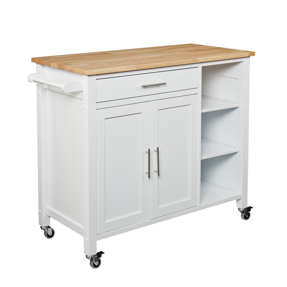 42" Natural and White Butcher Block and Iron Rolling Kitchen Cart With Storage. Kitchen cart isolated on a plain white background, showing a white metal surface.