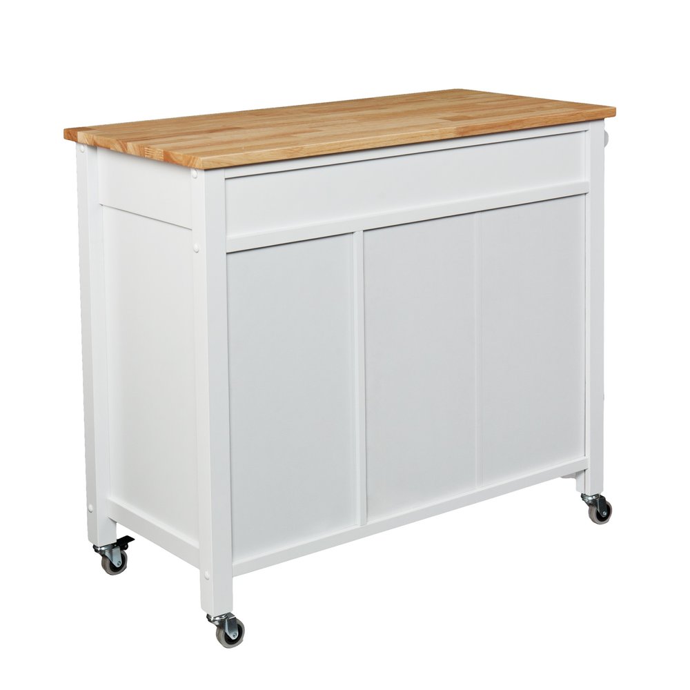 42" Natural and White Butcher Block and Iron Rolling Kitchen Cart With Storage. Kitchen cart isolated on a plain white background, finished in white metal.