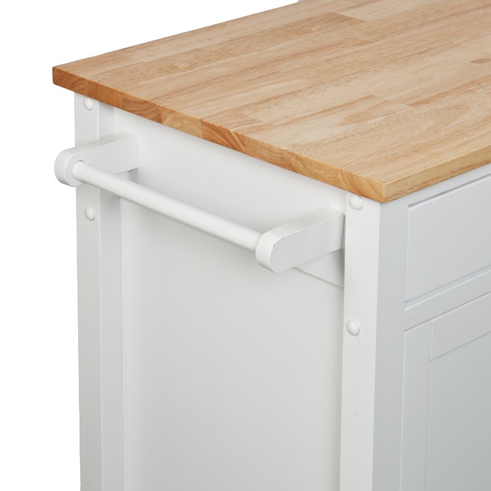 42" Natural and White Butcher Block and Iron Rolling Kitchen Cart With Storage. Kitchen cart in white metal.