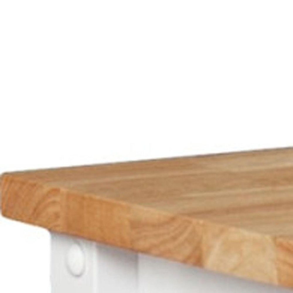 42" Natural and White Butcher Block and Iron Rolling Kitchen Cart With Storage. Kitchen cart isolated on a plain white background, in a white metal finish.
