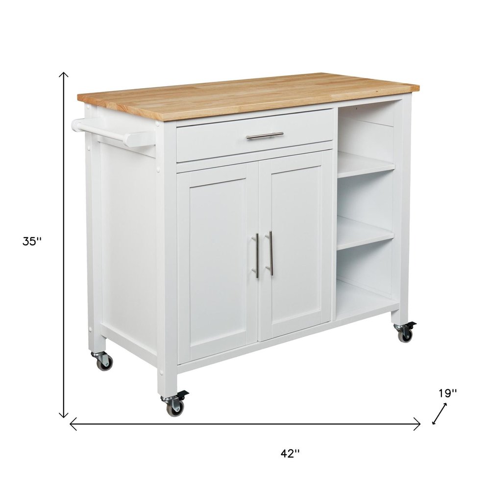 42" Natural and White Butcher Block and Iron Rolling Kitchen Cart With Storage. Kitchen cart isolated on a plain white background, showing a white metal surface.