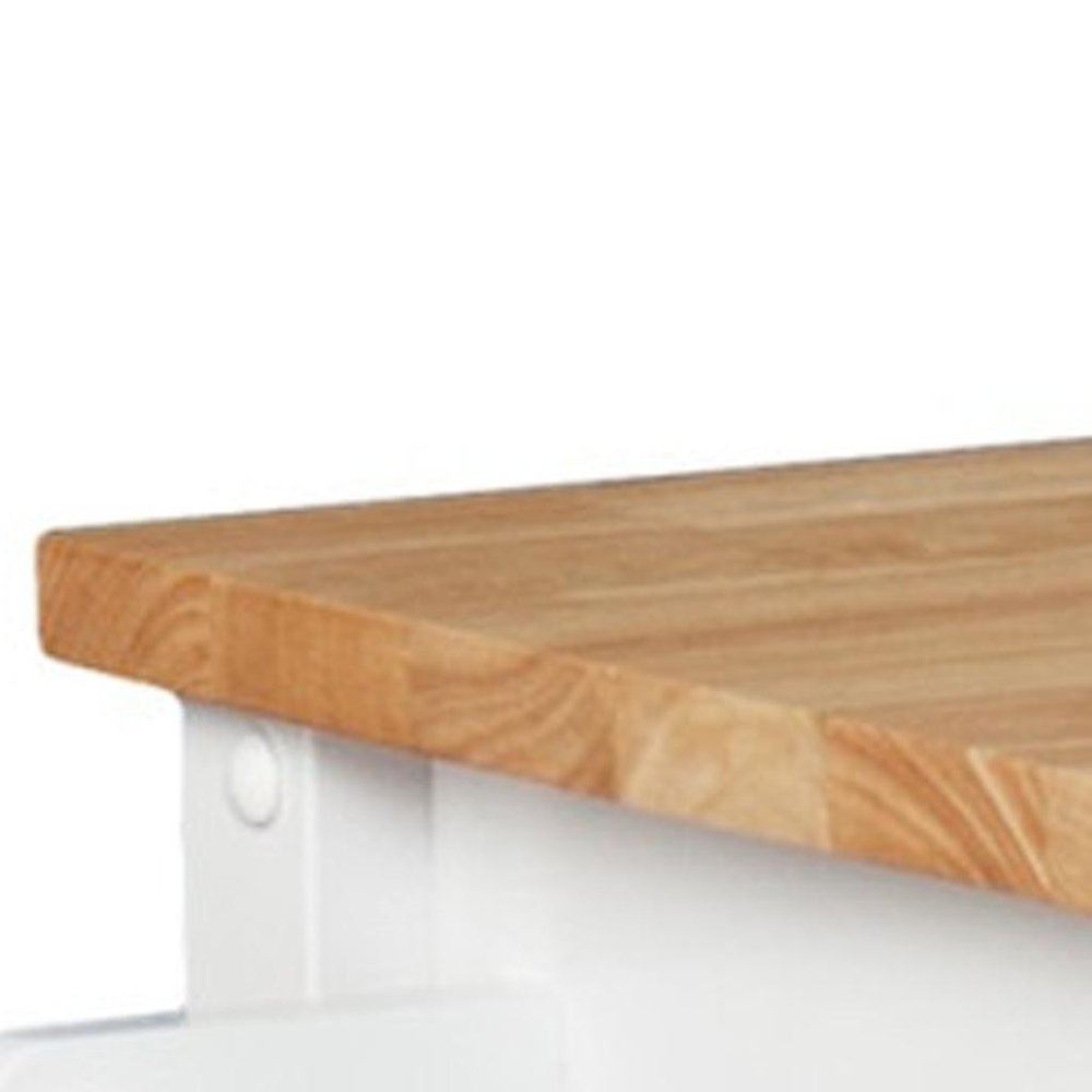 42" Natural and White Butcher Block and Iron Rolling Kitchen Cart With Storage. Kitchen cart isolated on a plain white background, in a white metal finish.