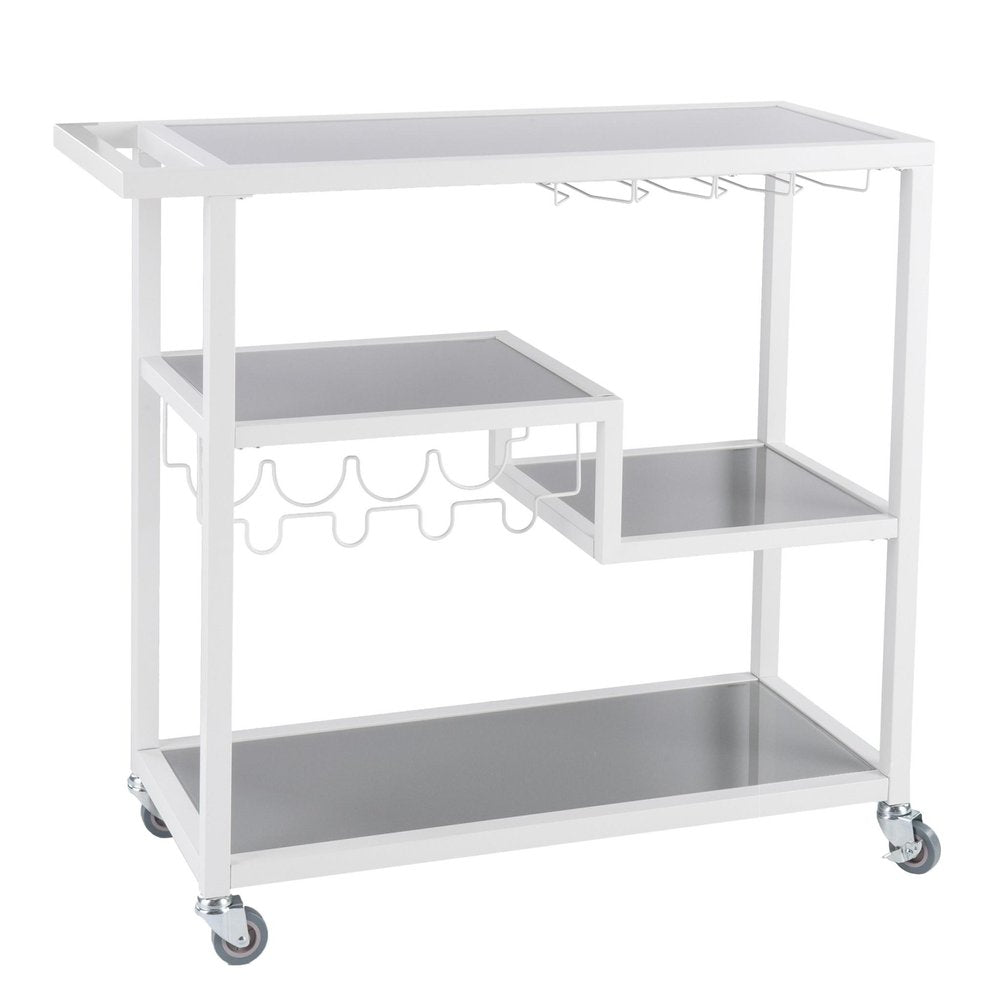 Gray and White Metal And Glass Rolling Bar Cart With Wine Storage on a white background