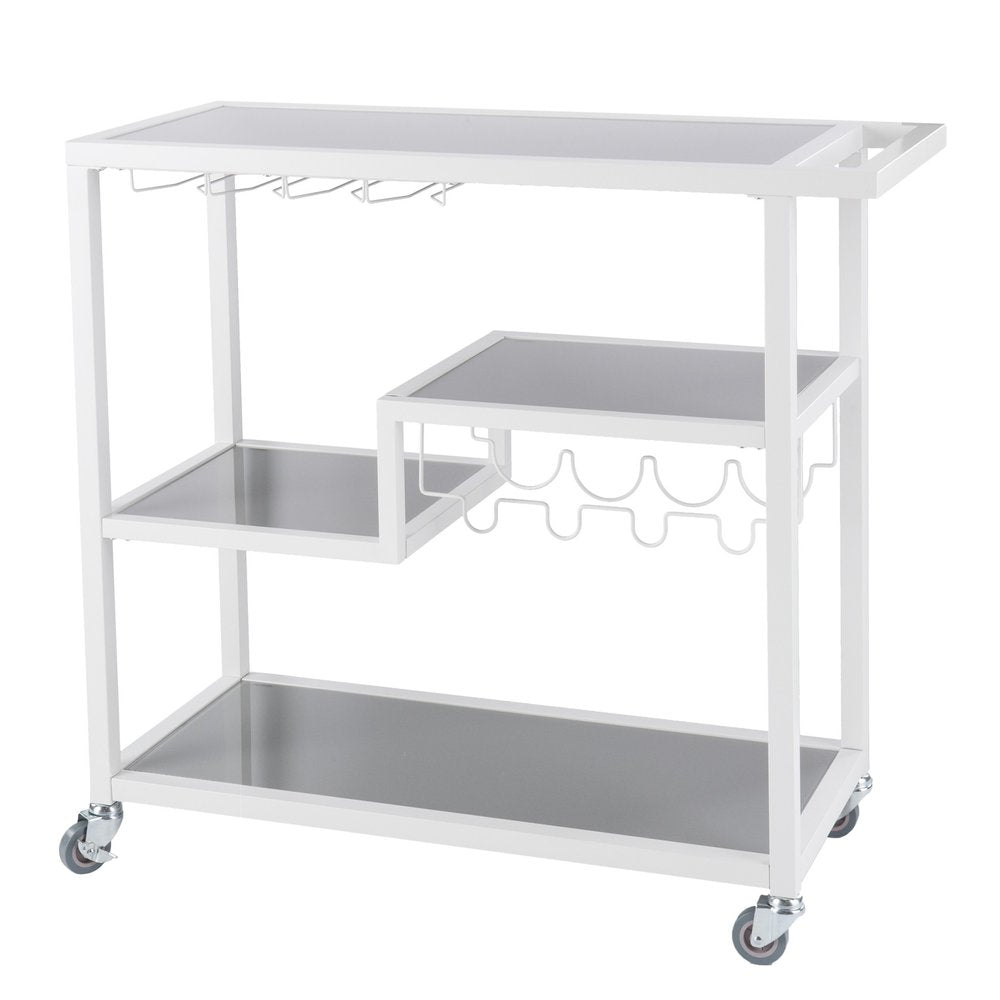 White metal rolling bar cart with gray shelves, wine glass rack, and wine bottle holder on a white background.