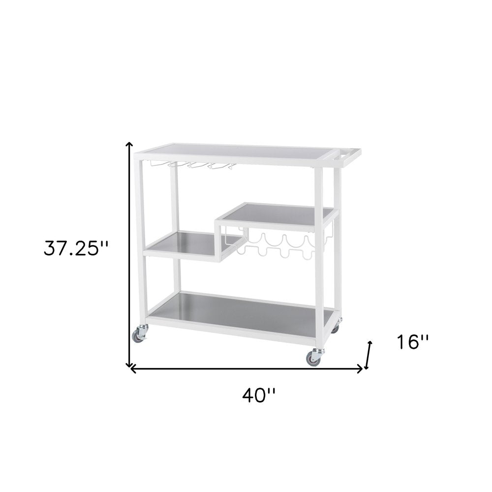Gray and White Metal And Glass Rolling Bar Cart With Wine Storage on a white background