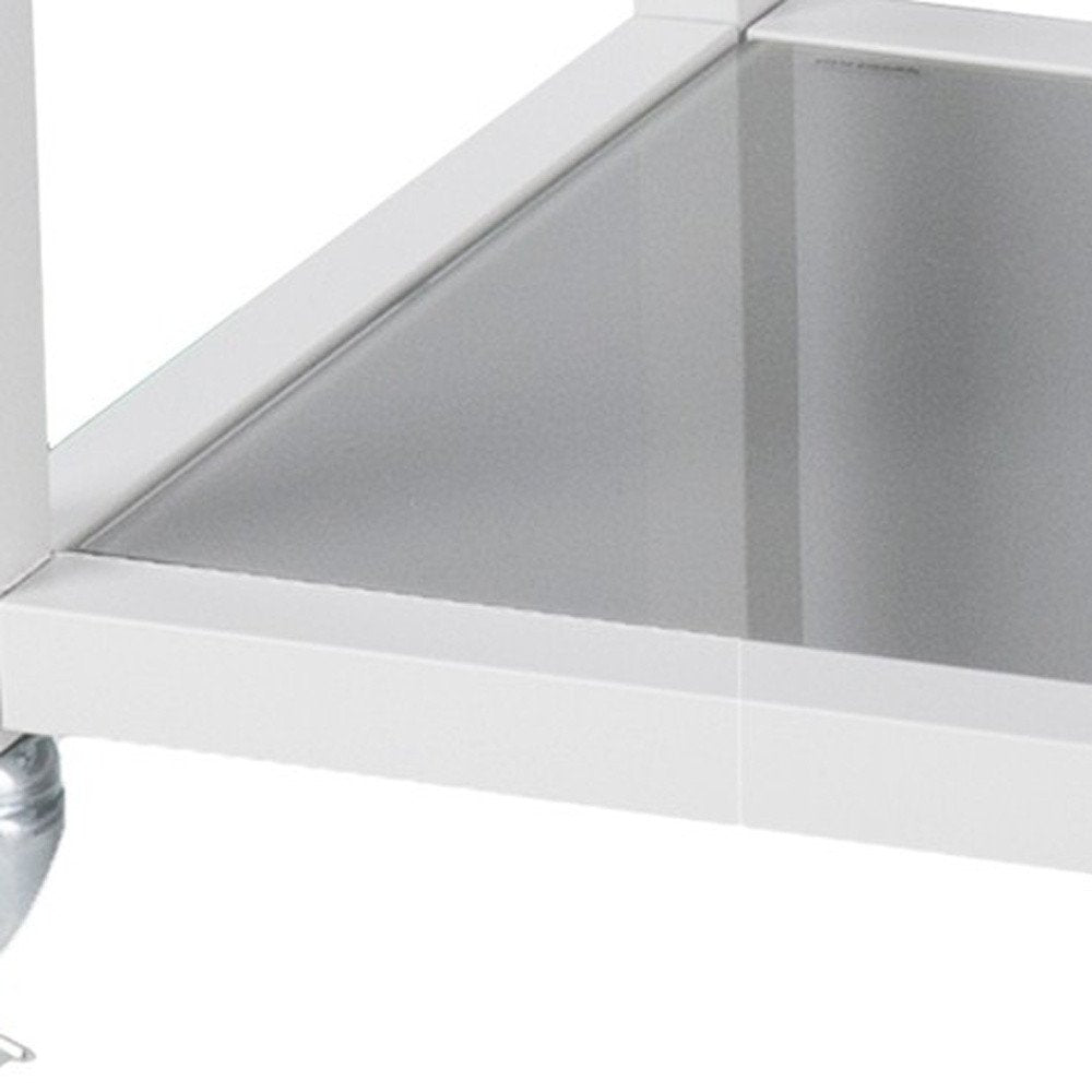 Gray and White Metal And Glass Rolling Bar Cart With Wine Storage on a white background