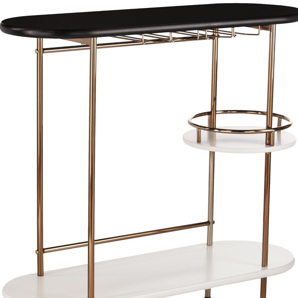 Gold Black and White Metal Oval Bar Cart With Wine Storage on a white background
