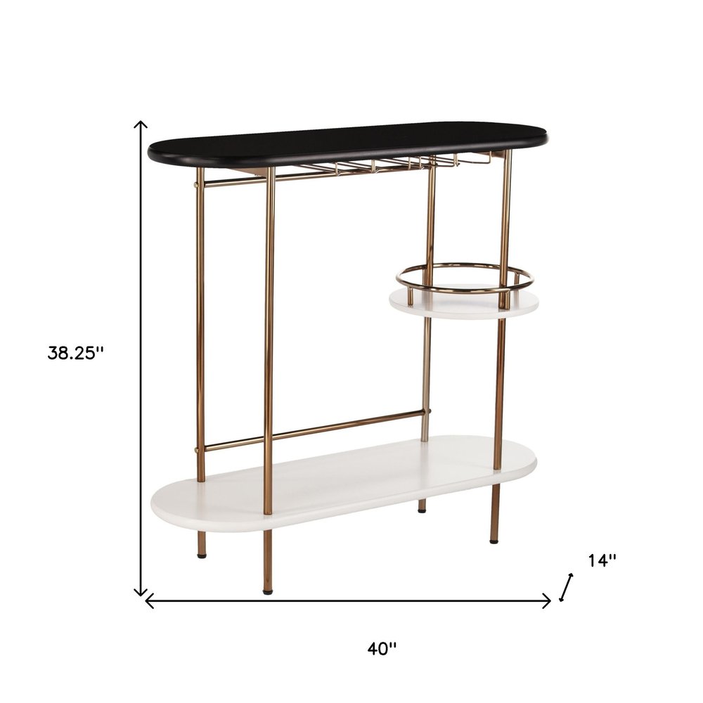 Gold Black and White Metal Oval Bar Cart With Wine Storage on a white background
