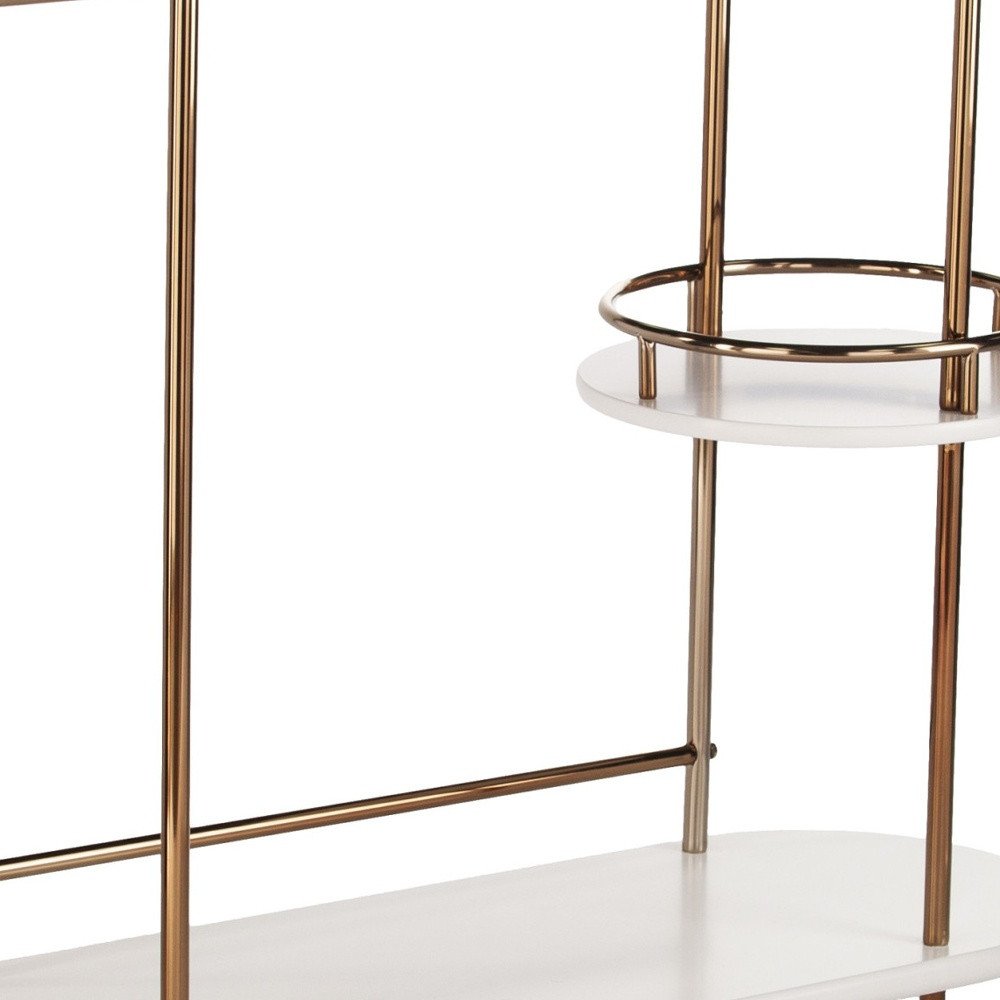 Gold Black and White Metal Oval Bar Cart With Wine Storage on a white background