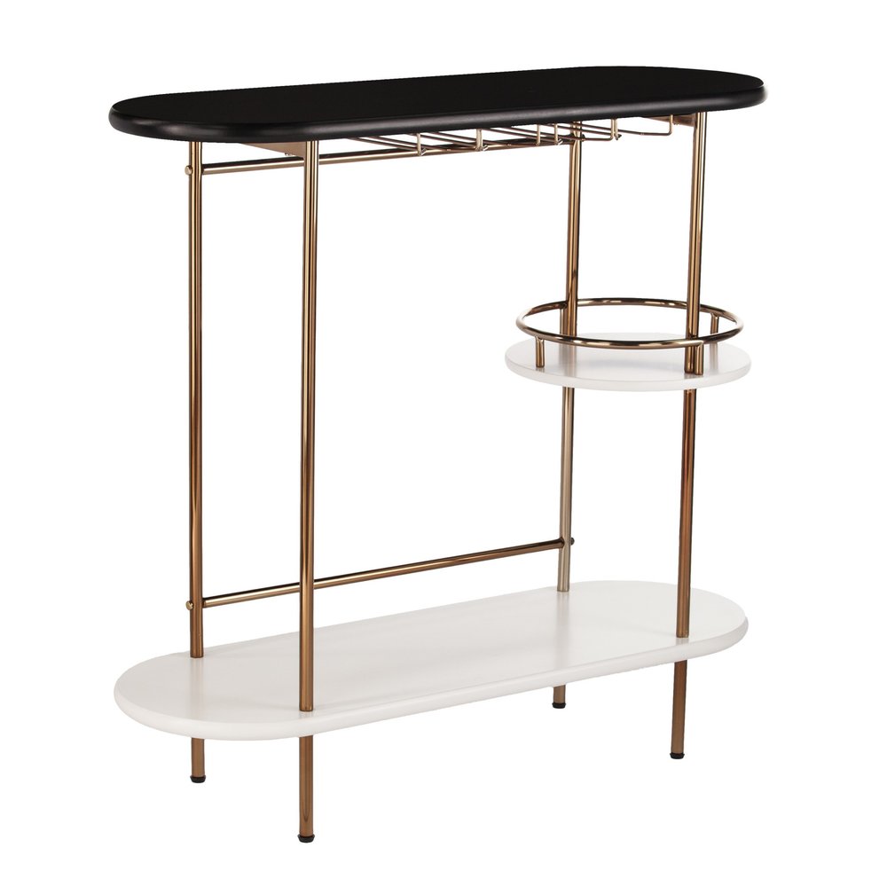 Gold Black and White Metal Oval Bar Cart With Wine Storage on a white background