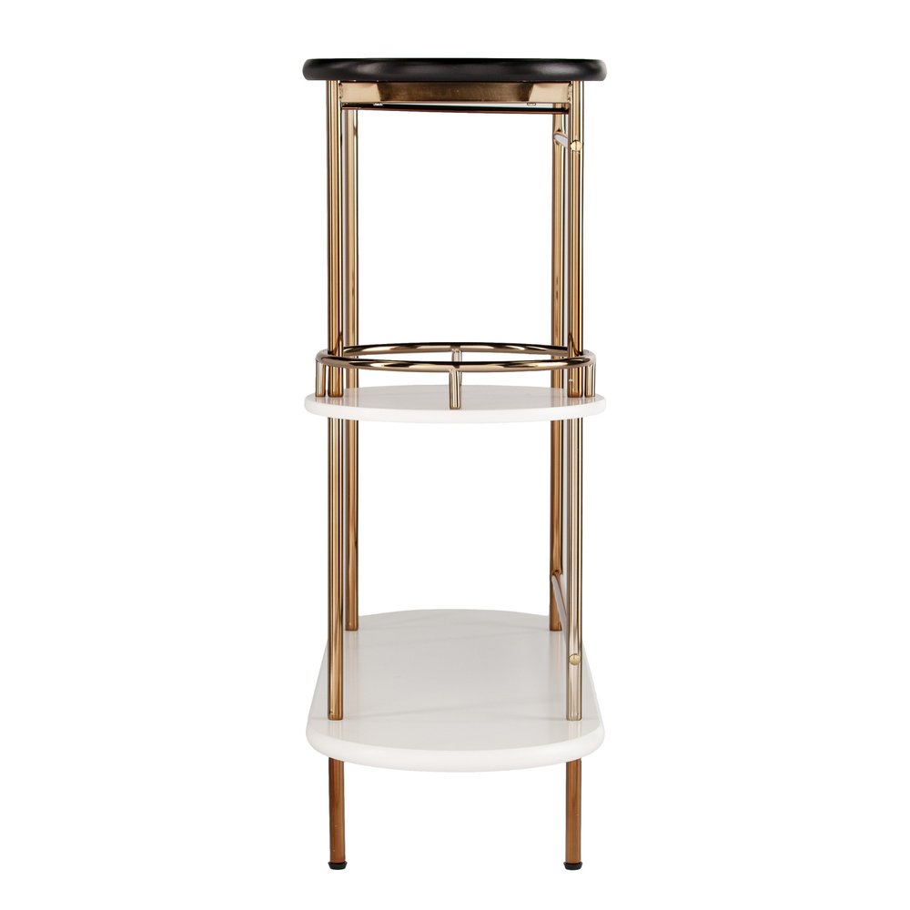 Gold Black and White Metal Oval Bar Cart With Wine Storage on a white background