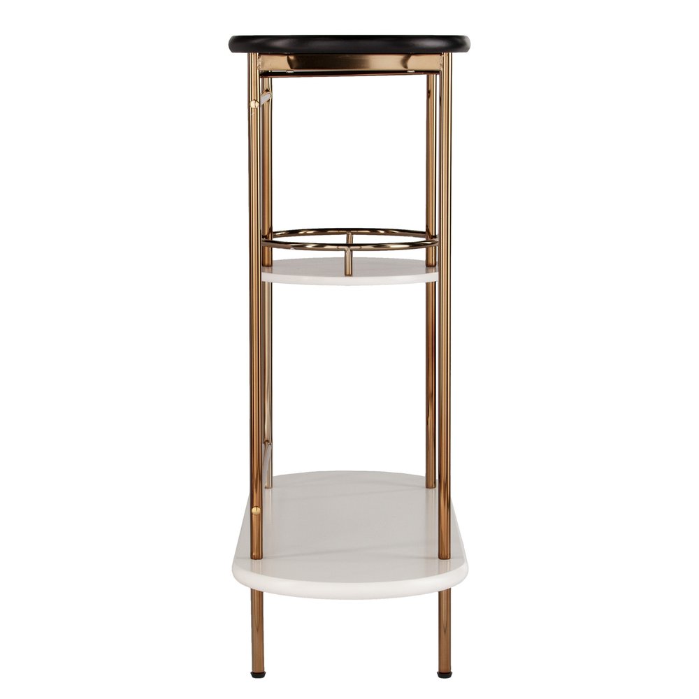 Gold Black and White Metal Oval Bar Cart With Wine Storage on a white background