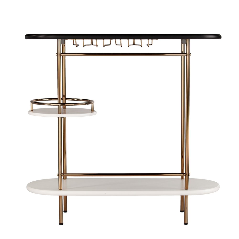 Gold Black and White Metal Oval Bar Cart With Wine Storage on a white background