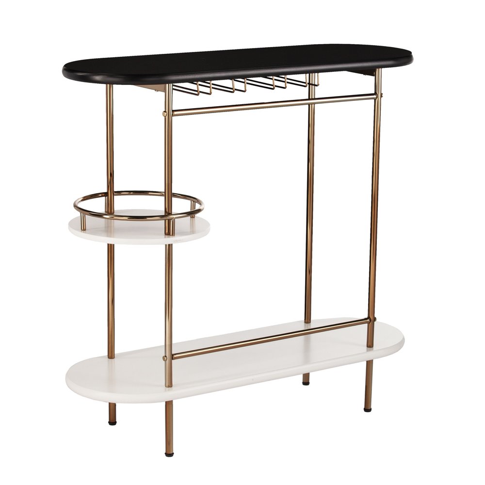 Gold Black and White Metal Oval Bar Cart With Wine Storage on a white background