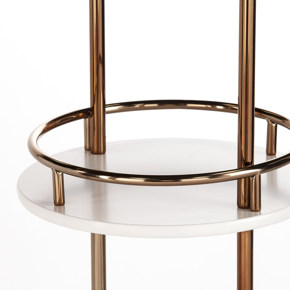 Gold Black and White Metal Oval Bar Cart With Wine Storage on a white background