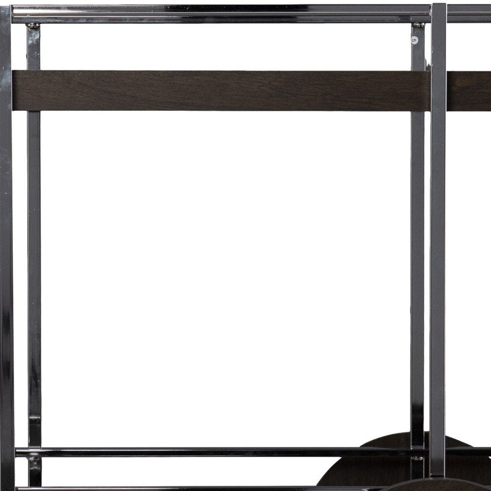 34" Brown And Silver Iron and Wood Rolling Bar Cart. Bar cart isolated on a plain white background, in a silver metal finish.