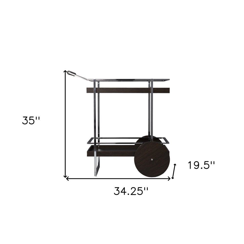 34" Brown And Silver Iron and Wood Rolling Bar Cart. Bar cart isolated on a plain white background, finished in silver metal.