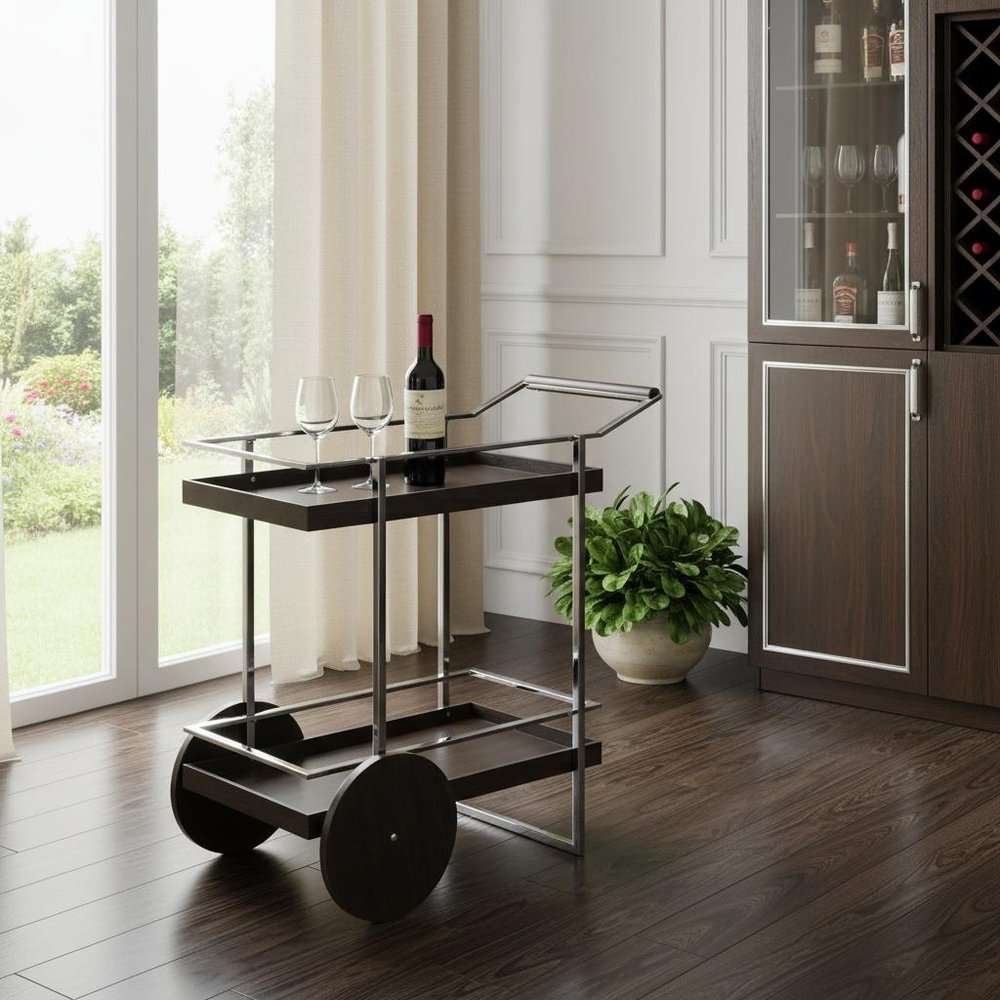 34" Brown And Silver Iron and Wood Rolling Bar Cart. Bar cart in silver metal.