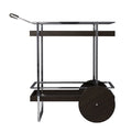 34" Brown And Silver Iron and Wood Rolling Bar Cart. Bar cart isolated on a plain white background, in a silver metal finish.