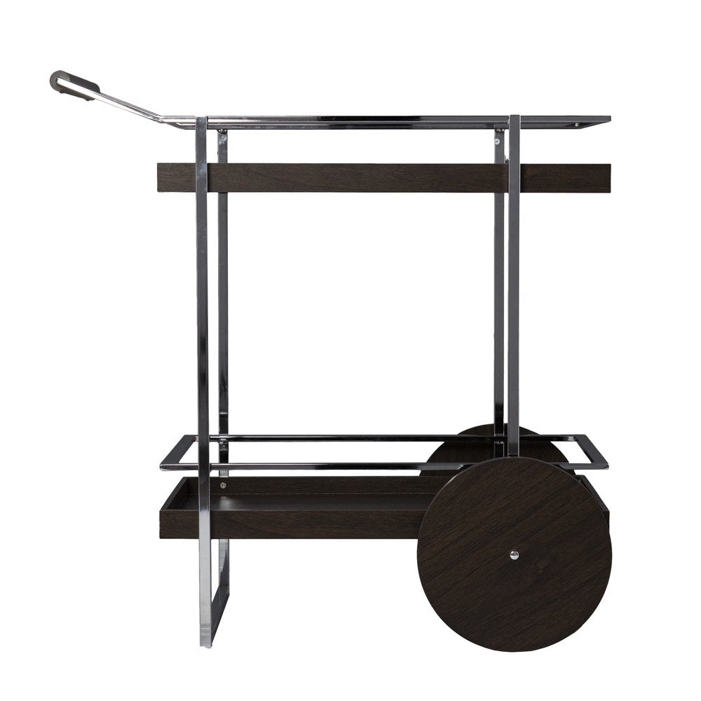 A brown and silver rolling bar cart made of iron and wood on a white background.