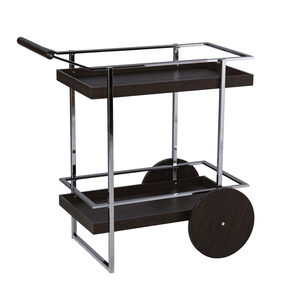 34" Brown And Silver Iron and Wood Rolling Bar Cart. Bar cart isolated on a plain white background, showing a silver metal surface.